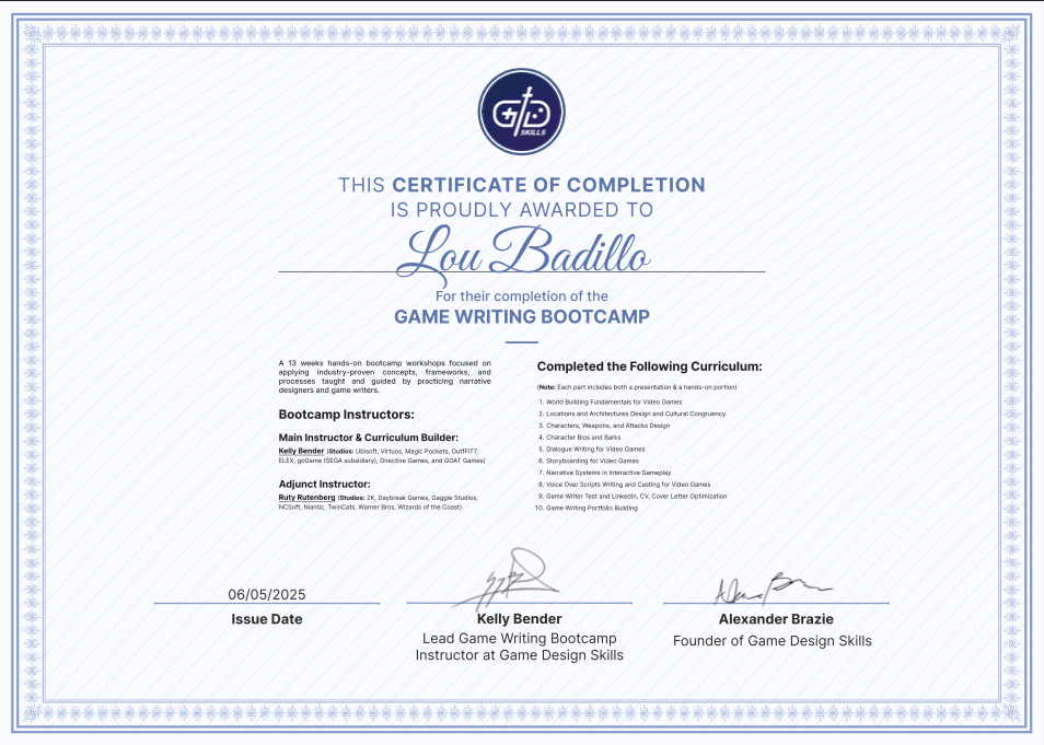Game Design School Certificate